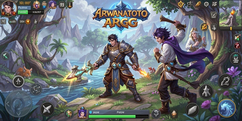 Tampilan gameplay ARWANATOTO dengan pertarungan seru dan karakter yang unik.