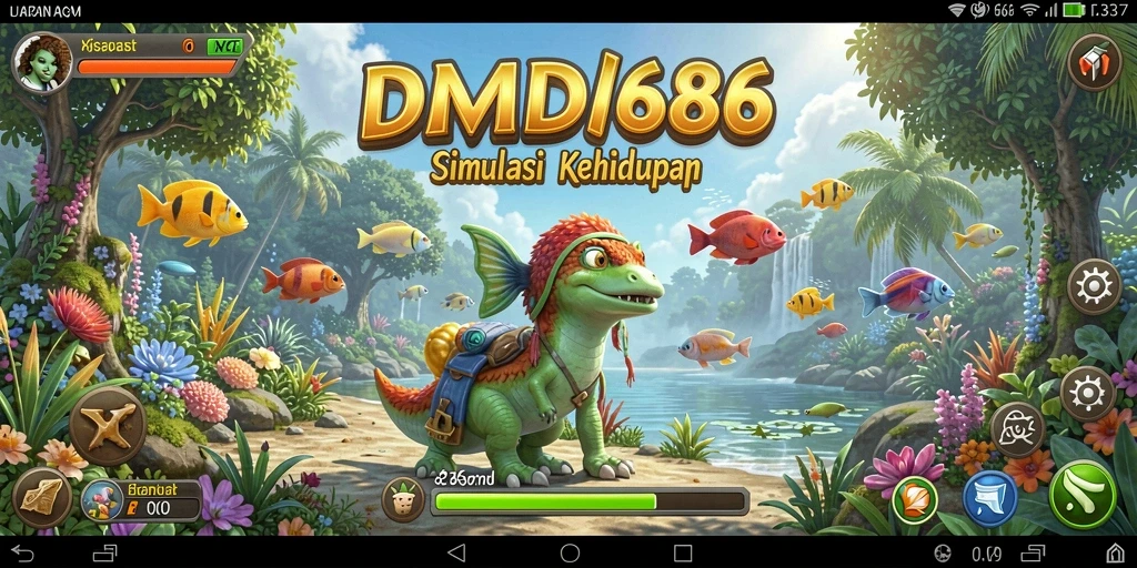 Screenshot gameplay DMD686 dengan karakter berinteraksi di dunia virtual.