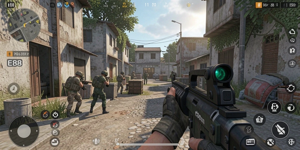 Tangkapan layar E88 menampilkan aksi tembak-menembak seru dalam mode FPS.