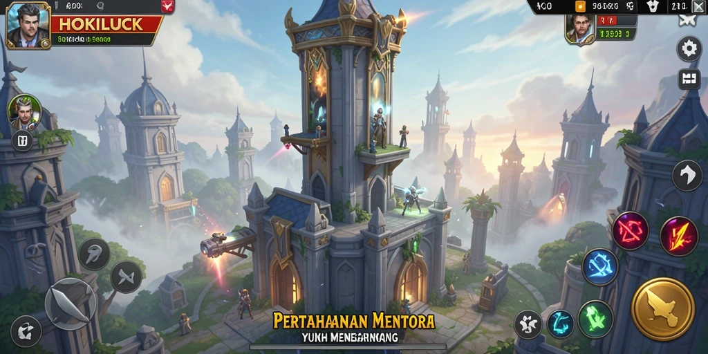 Tampilan gameplay menegangkan HOKILUCK saat mempertahankan menara.