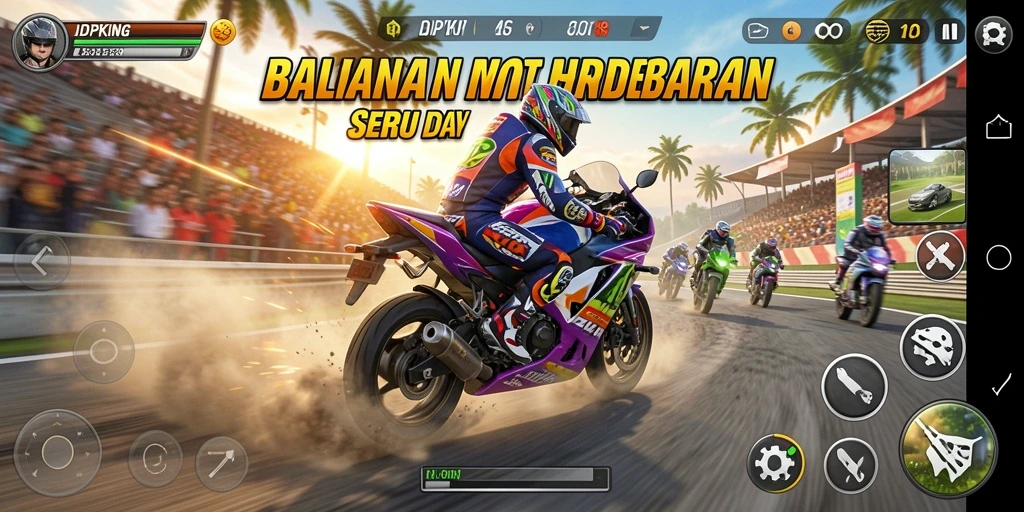 Screenshot gameplay IDPKING yang menunjukkan aksi balapan motor yang intens.