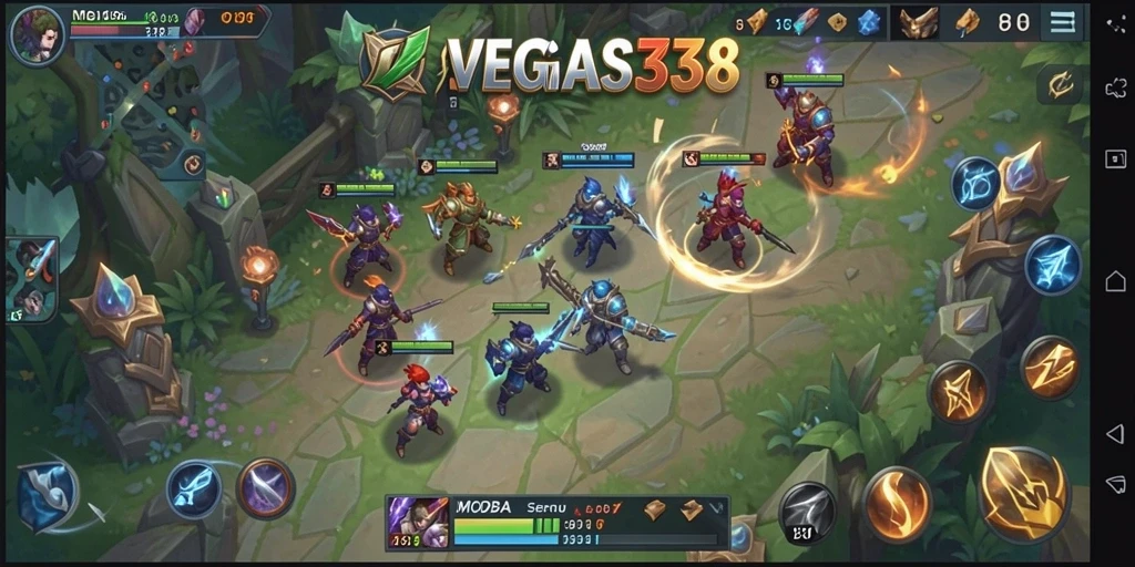 Screenshot gameplay seru dari VEGAS338 dengan karakter dan strategi MOBA.