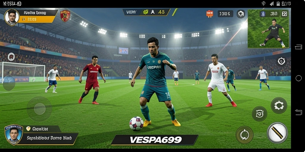 Tampilan gameplay seru dari VESPA69 dengan aksi sepak bola dinamis.
